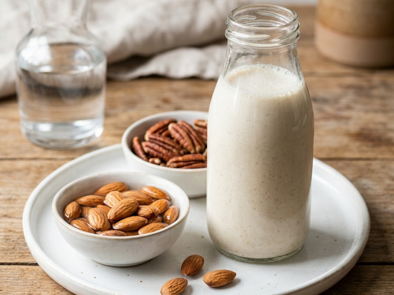 Leche de almendras y nueces pecanas con dátiles