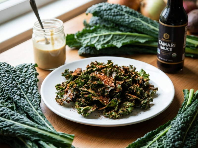 Chips de col kale estilo barbacoa con tahini
