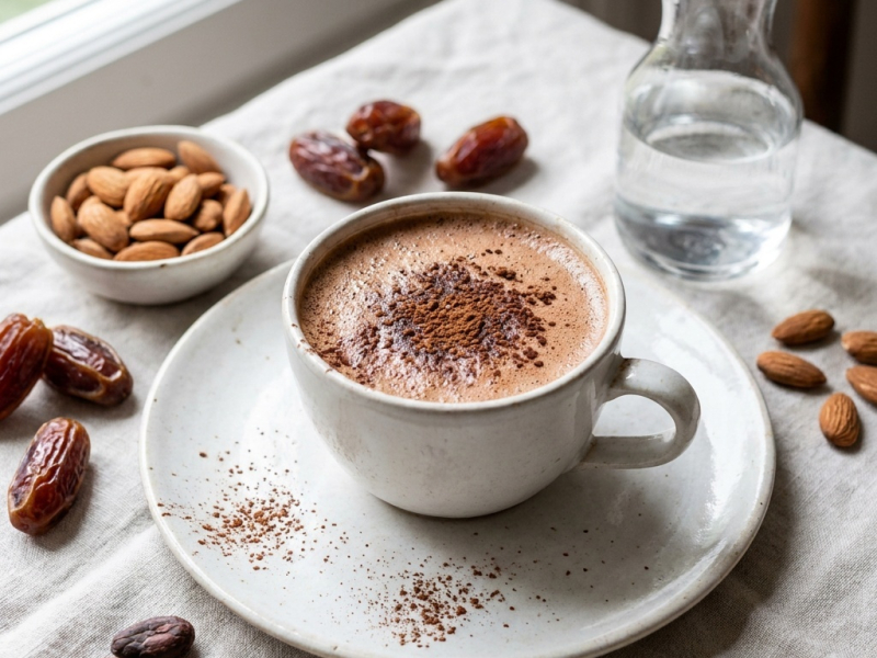 Leche de cacao tibia con almendras y dátiles