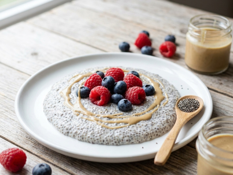 Pudin de chía con tahini y frambuesas