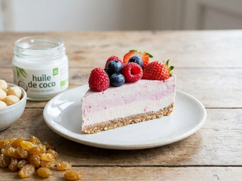 Cheesecake crudo de moras y frambuesas con base de macadamia