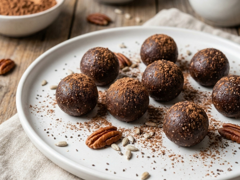 Bocados crudos de cacao, pecana y maca