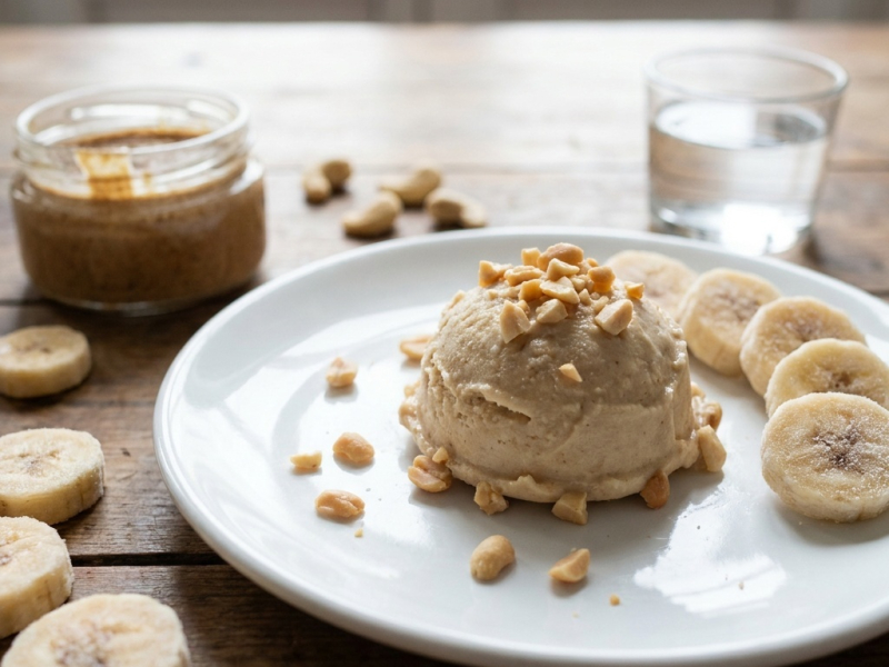 Helado exprés de plátano y crema de almendras con salsa de chocolate