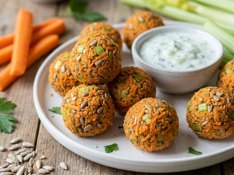 Falafels crudos de apio con tzatziki de calabacín