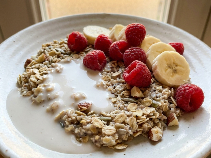 Bircher muesli de la víspera con frambuesas y nibs de cacao