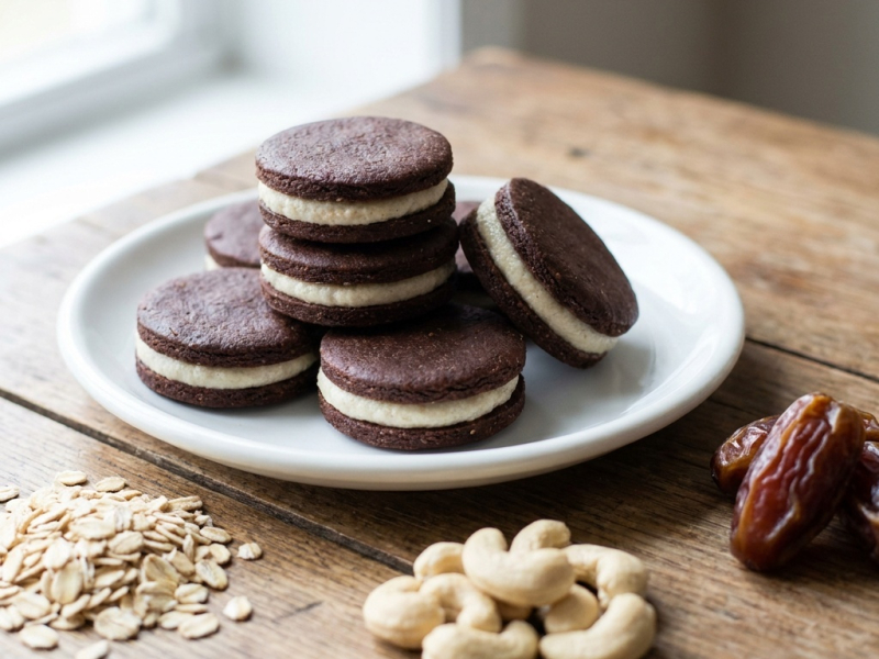 Galletas rellenas crudas de cacao con crema de anacardo