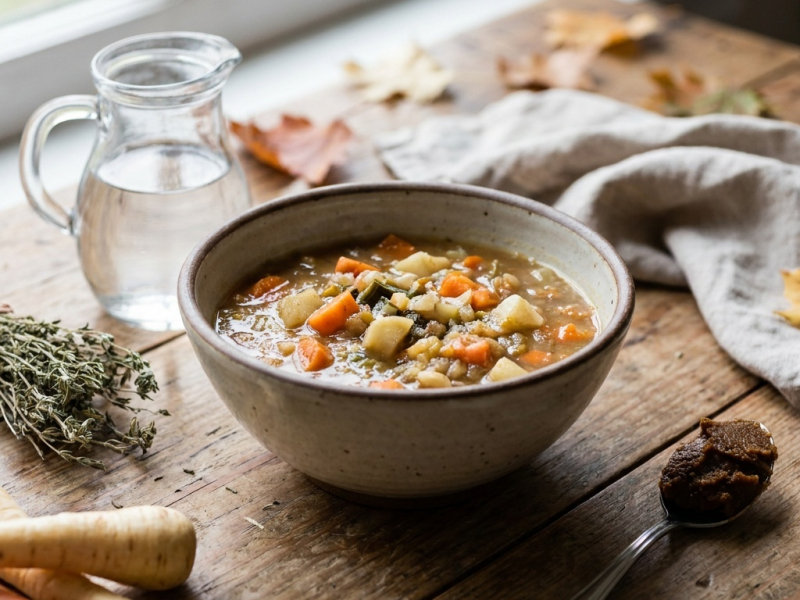 Sopa cruda de otoño con miso, espirulina y aguacate