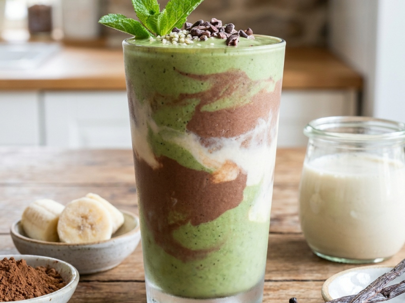 Batido crudo de menta, chocolate y vainilla con leche de cáñamo