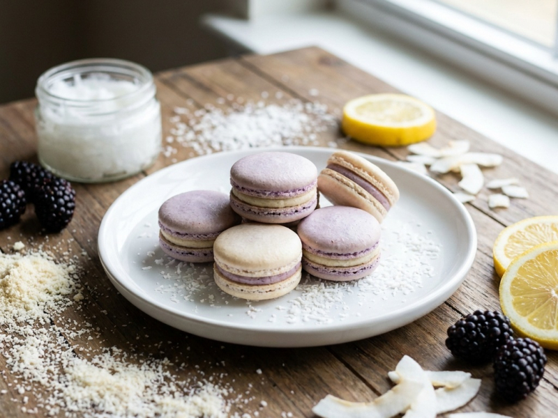 Macarons crus de coco com amoras e limão