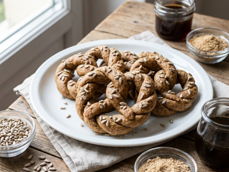 Pretzels crus de sementes de girassol com três coberturas