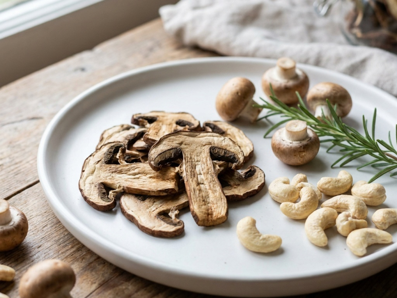 Cogumelos fumados desidratados com molho de caju e paprika