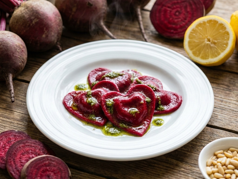 Ravioli de beterraba crua com queijo de pinhão e azeite de pesto