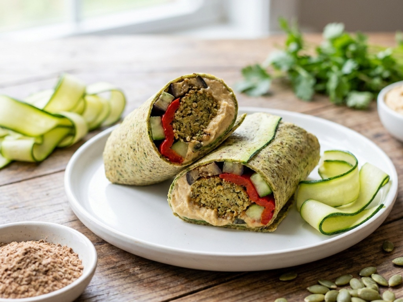 Wrap cru de falafel com húmus de macadâmia e legumes marinados