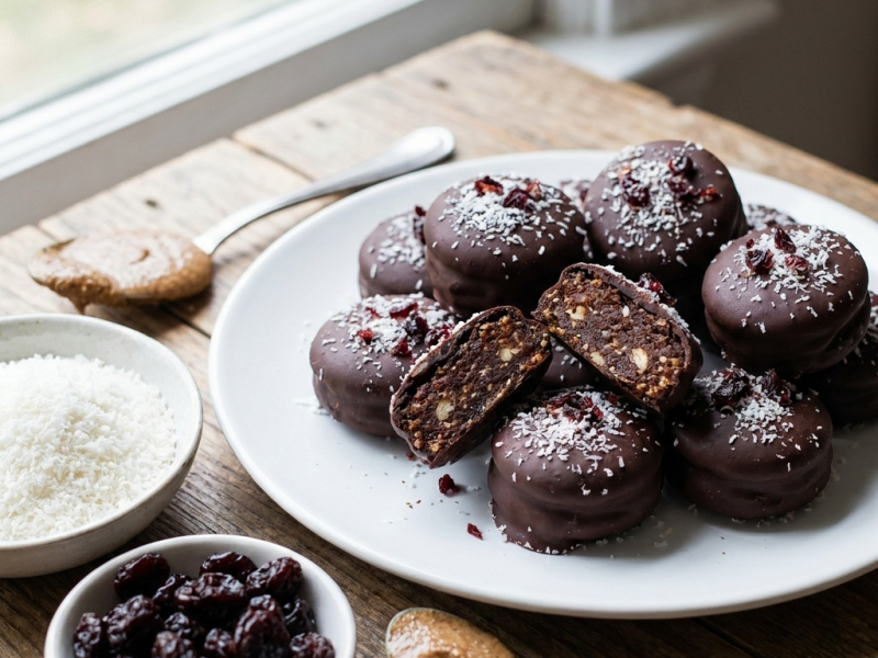 Rochedos de coco e cereja cobertos de chocolate cru