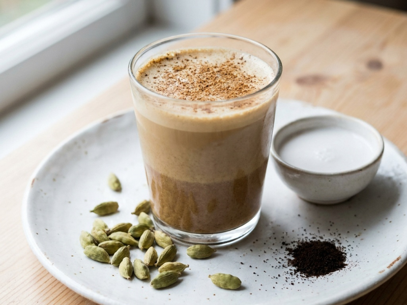 Latte gelado com leite de coco, cardamomo e baunilha