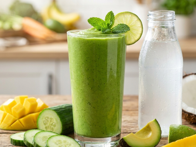 Smoothie verde de manga e abacate, sem banana