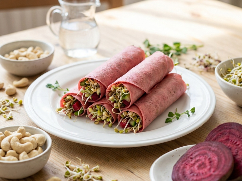 Rolinhos de nori com rebentos e molho rosa de caju e beterraba