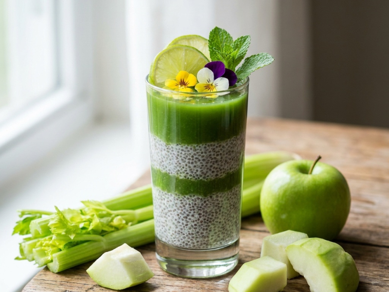 Pudim de chia com sumo verde de aipo, maçã e couve kale