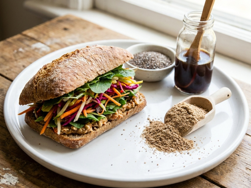 Sanduíche cru com pão de polpa de legumes e chia
