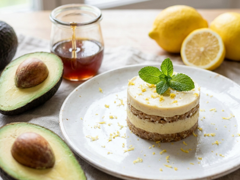 Copinhos crus de creme de abacate e limão com crocante de sementes