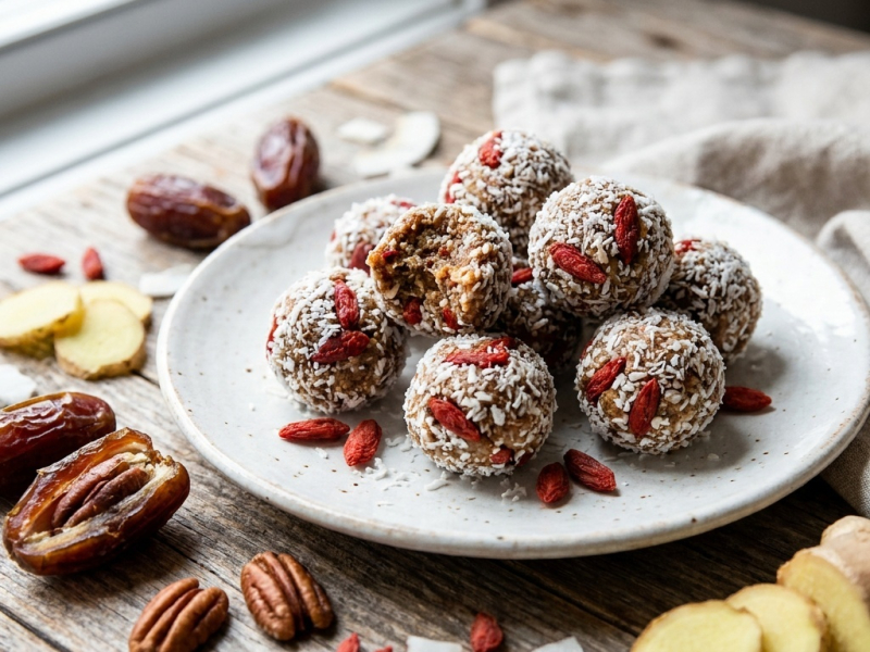 Bolinhas cruas de goji, gengibre e nozes pecã