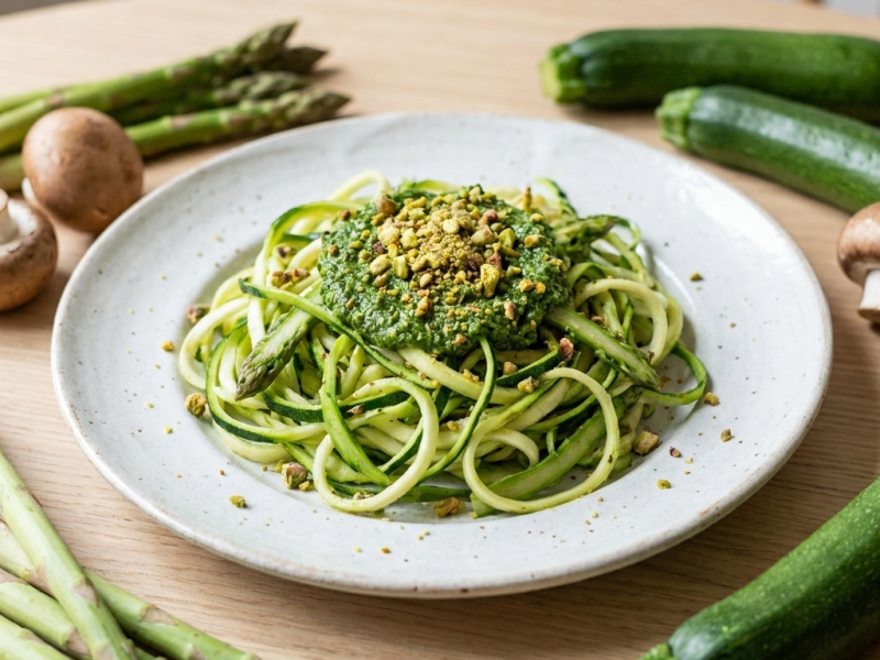 Surowe spaghetti z cukinii z pesto miętowym i kruszonką pistacjową