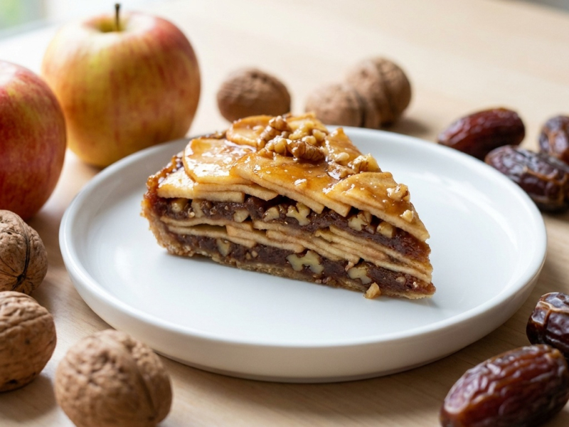 Baklava crudo con chips di mela, noci e datteri