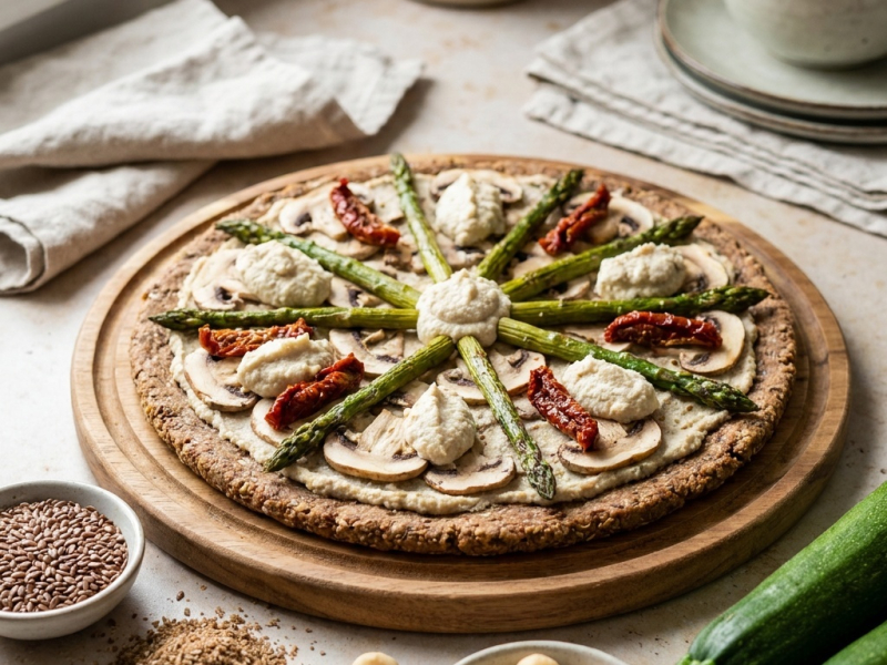 Surowa pizza z cukinii z ricottą z makadamii i warzywami jak pieczone