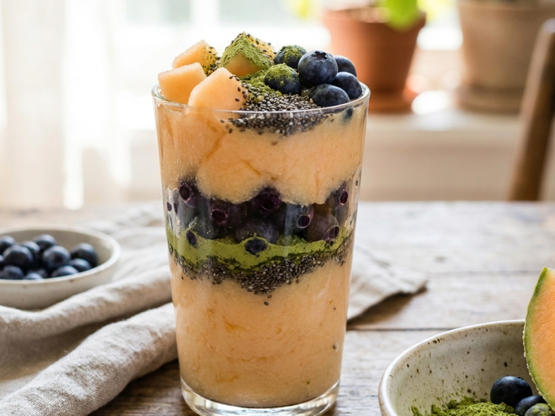 Smoothie z melonem, borówkami, trawą jęczmienną i nasionami chia