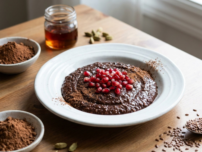 Surowy pudding czekoladowy z siemieniem lnianym i granatem