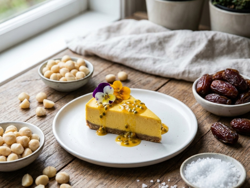 Surowy sernik z mango i marakują na spodzie z makadamii