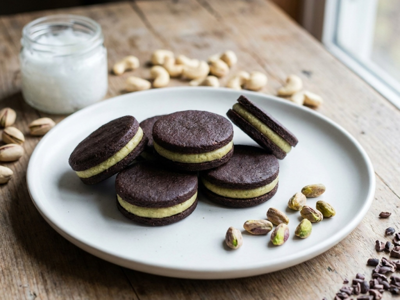 Raw cacao cookies filled with pistachio cream