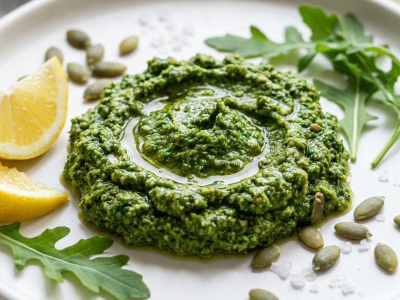 Raw rocket and pumpkin seed pesto, without parmesan