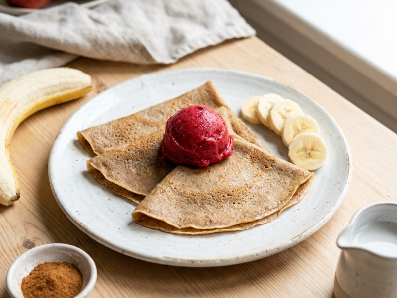 Raw banana and cinnamon crepes with berry ice cream and mango