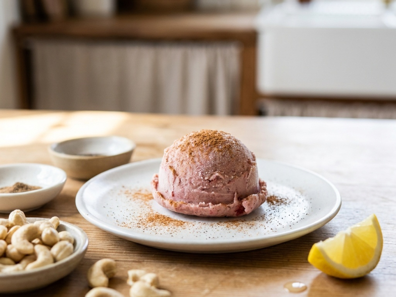 Frozen strawberry cheesecake with cinnamon and vanilla