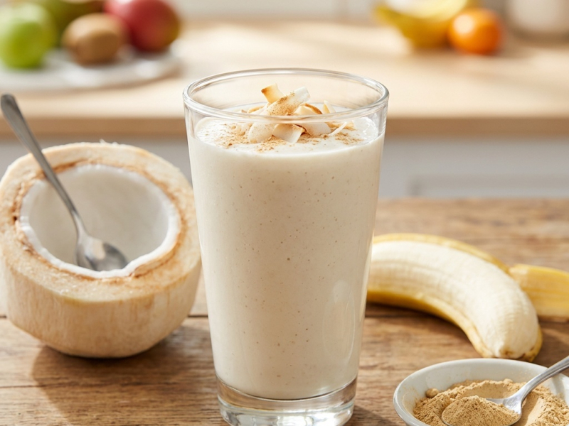 Deserowe smoothie kokosowe z bananem i macą