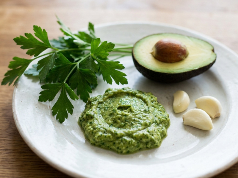 Surowe pesto z awokado i natki pietruszki z pestkami słonecznika