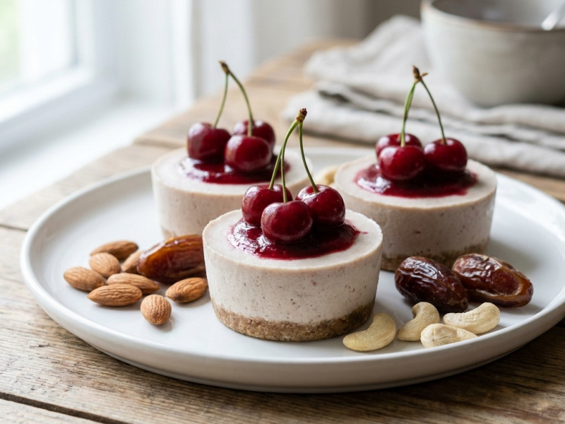 Raw frozen mini cake, cacao cheesecake and fresh cherries