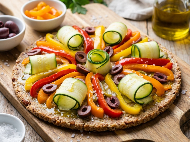 Surowa pizza z papryką i oliwkami na spodzie migdałowo-cukiniowym