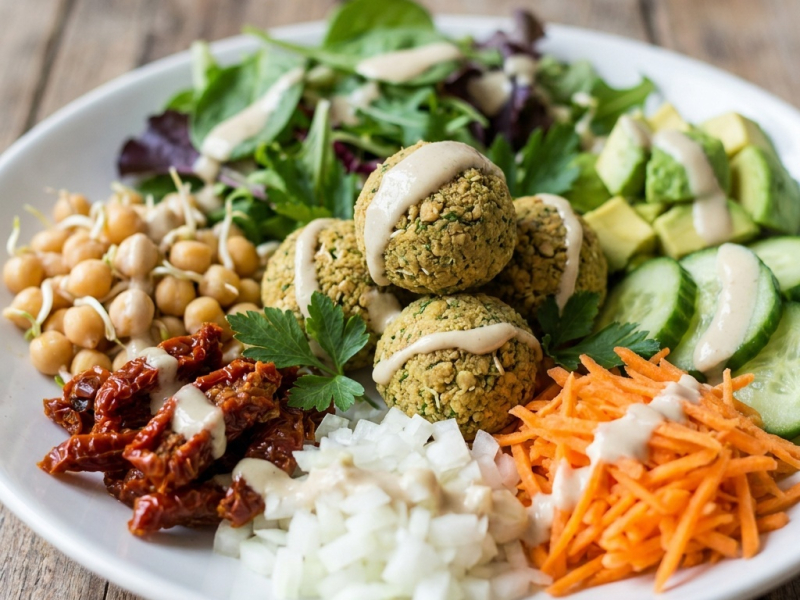 Buddha bowls with raw sprouted chickpea falafel
