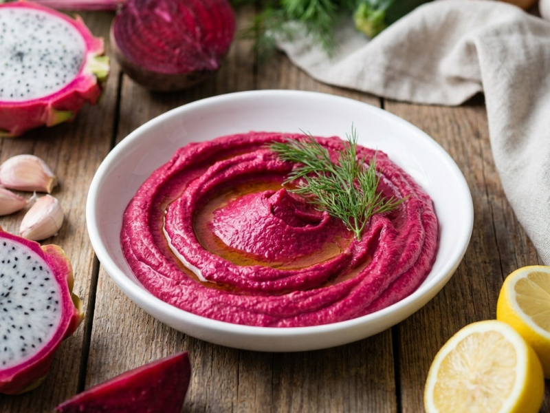 Hot pink beetroot hummus with sprouted chickpeas