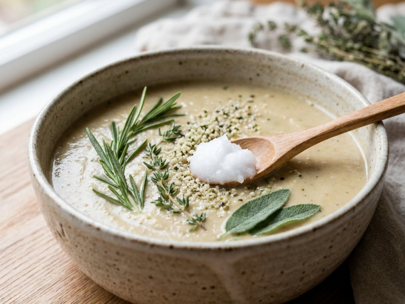 Raw herb, miso and seaweed soup for the holidays