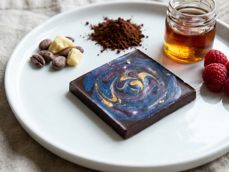 Raw galaxy dark chocolate with puffed quinoa and raspberries