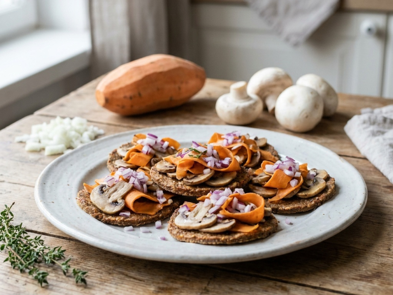 Raw sweet potato, mushroom and onion patties