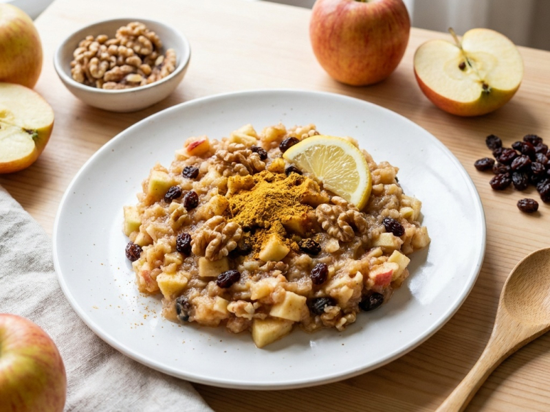 Raw apple sauce with walnuts and currants