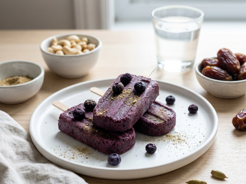 Raw blueberry and cardamom ice pops, two layers