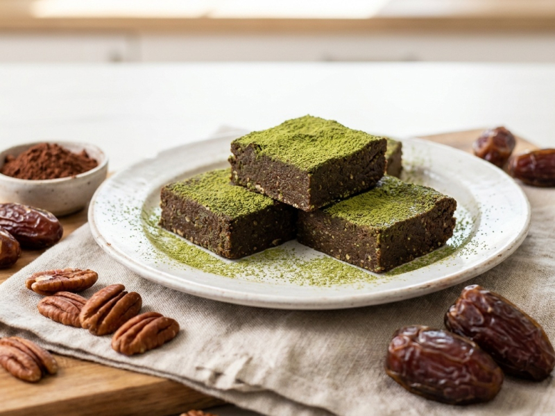Raw matcha brownies with pecans and medjool dates