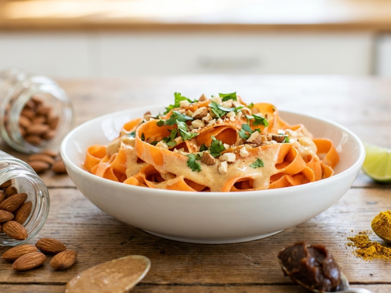 Carrot ribbon bowl with coconut almond satay sauce