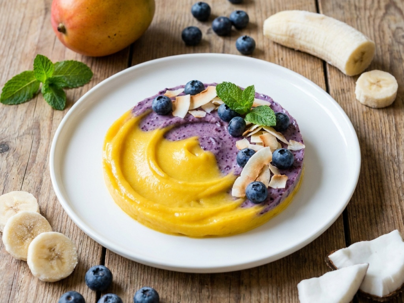 Two-layer frozen jar, mango-banana and blueberry-coconut