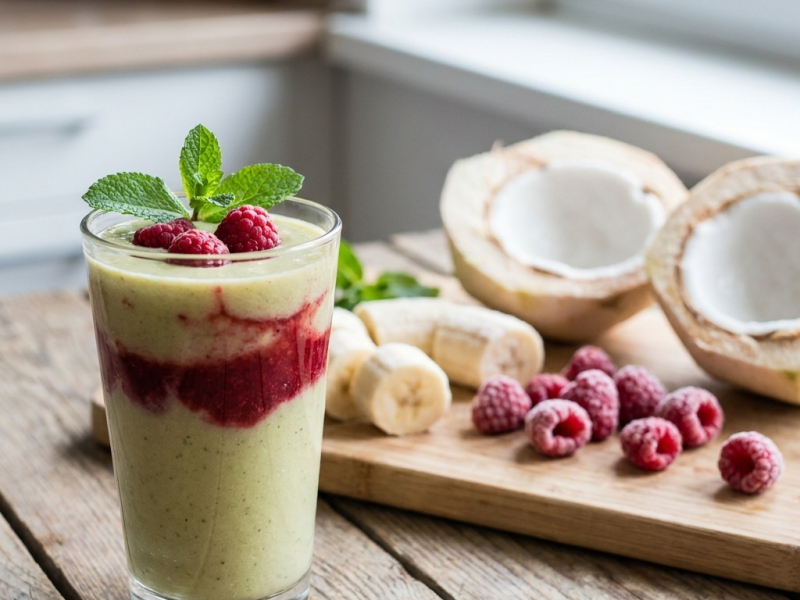 Frozen barley grass-mint and raspberry smoothie, in two layers